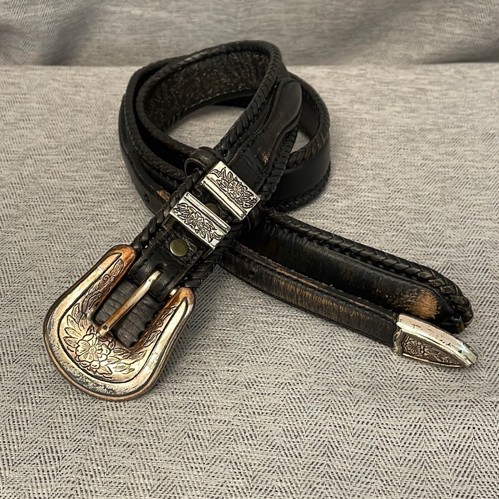 Leegin Western Ranger Belt Black Braided Leather Silver Buckle